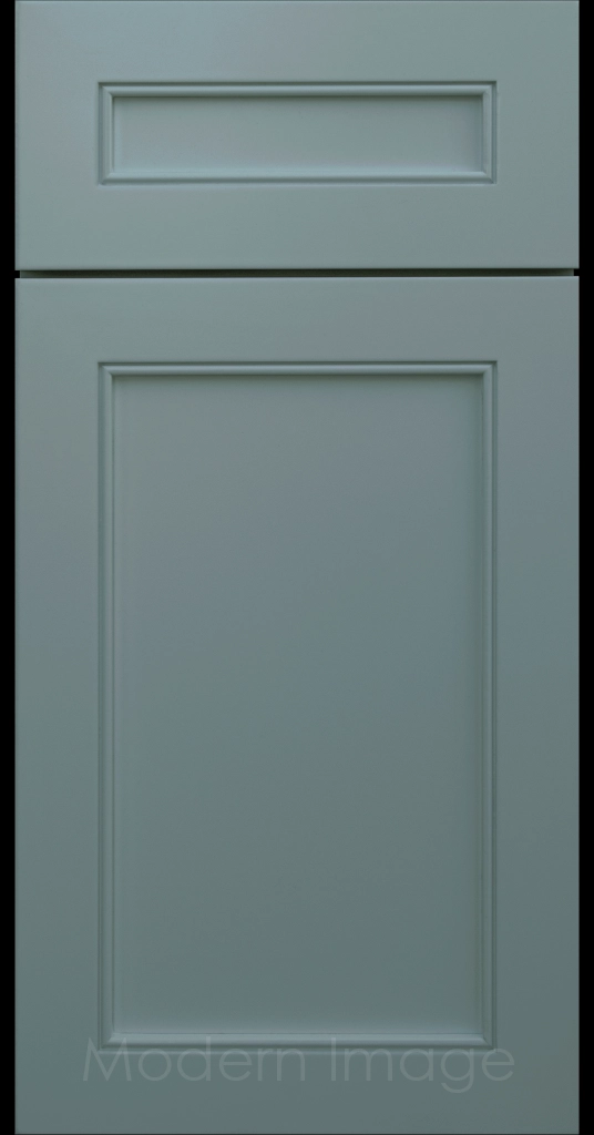 Highland Sage painted Shaker kitchen cabinet door with wide rails and a flat center panel.